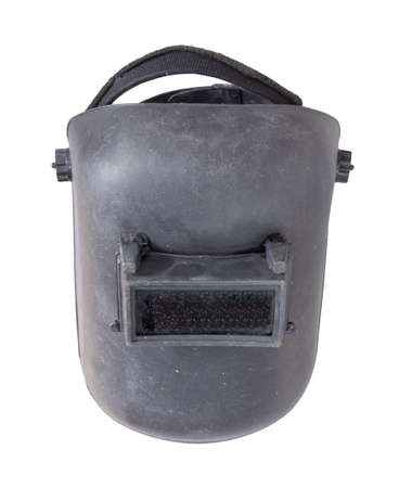 Black plastic protective welding mask helmet on white backgroundの写真素材