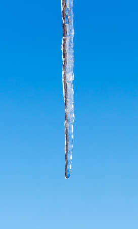 Icicle melts with falling drops on a background of bright blue skyの写真素材