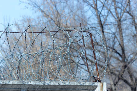 Fence with barbed wire against the skyの写真素材
