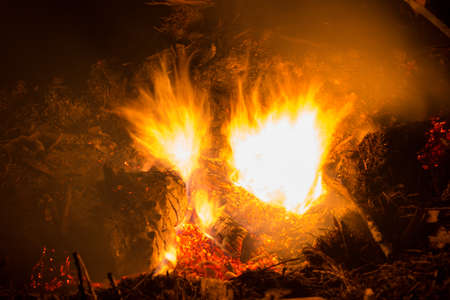Burning fire in the night. Flame and fire sparkles on a dark abstract background. Hellish element of fire. Fuel, power and energyの写真素材