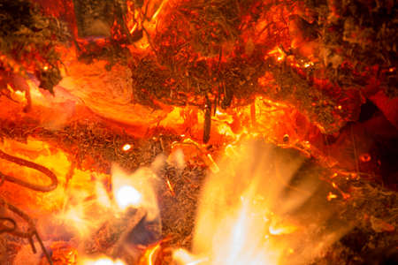 Bright sparkling coals with fire as backgroundの写真素材