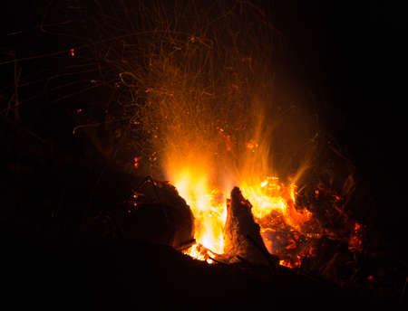 Burning fire in the night. Flame and fire sparkles on a dark abstract background. Hellish element of fire. Fuel, power and energyの写真素材