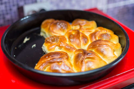 Hot samsa with lamb on the surface of the electric stoveの写真素材