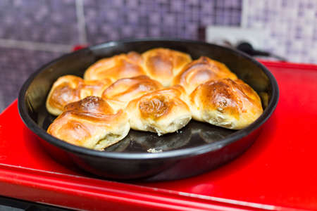 Hot samsa with lamb on the surface of the electric stoveの写真素材