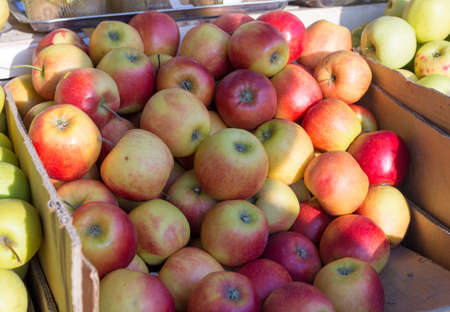 apples on the counter in the marketの写真素材