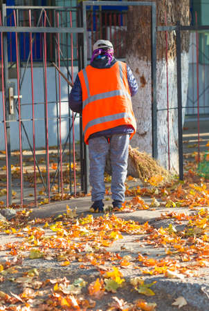A cleaning lady cleans the dead side of the maple leaves from the sidewalk.の写真素材