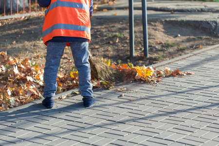 A cleaning lady cleans the dead side of the maple leaves from the sidewalk.の写真素材