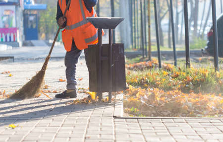A cleaning lady cleans the dead side of the maple leaves from the sidewalk.の写真素材
