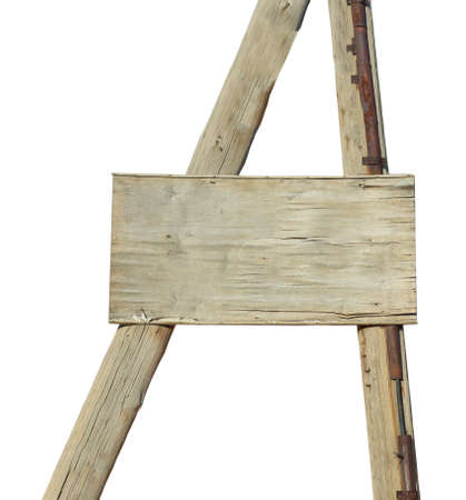 wooden post and blackboard on a white background, empty board for text.の写真素材