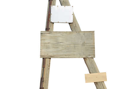 wooden post and blackboard on a white background, empty board for text.の写真素材