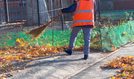 A cleaning lady cleans the dead side of the maple leaves from the sidewalk.の写真素材