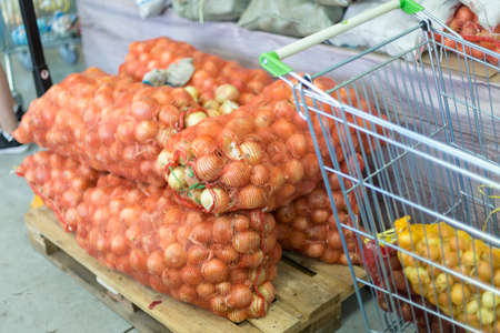 onions, onion paintings, onions and vegetables in large nests in a trading houseの写真素材