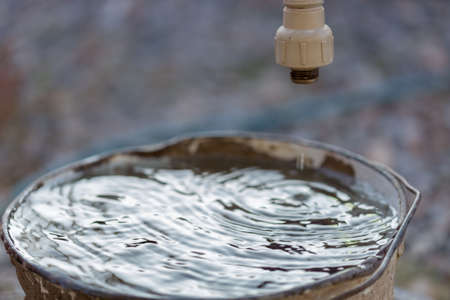 Drops from the tap fall into a bucket of water. Tap water.の写真素材