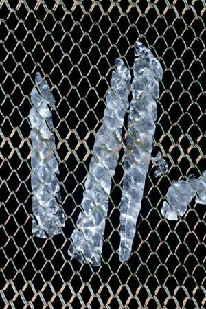 Ice crystals glowing on a flash on a black grid background