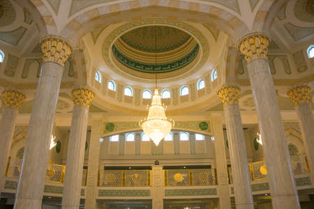 Nursultan, Kazakhstan. 06/14/2019. Large chandeliers - the beautiful white mosque of Hazret Sultan, the largest mosque in Central Asia.のeditorial素材
