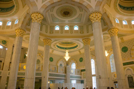 Nursultan, Kazakhstan. 06/14/2019. Large chandeliers - the beautiful white mosque of Hazret Sultan, the largest mosque in Central Asia.のeditorial素材