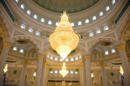 Nursultan, Kazakhstan. 06/14/2019. Large chandeliers - the beautiful white mosque of Hazret Sultan, the largest mosque in Central Asia.のeditorial素材