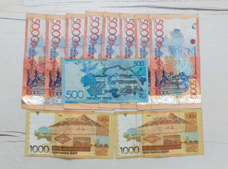 Kazakhstani currency 42500 tenge on the table. Living wage, state assistance to every citizen who...