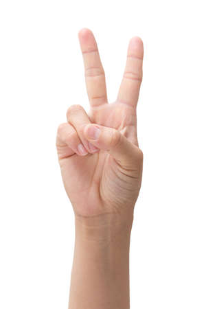 Hand shows number two, isolated backgroundの写真素材