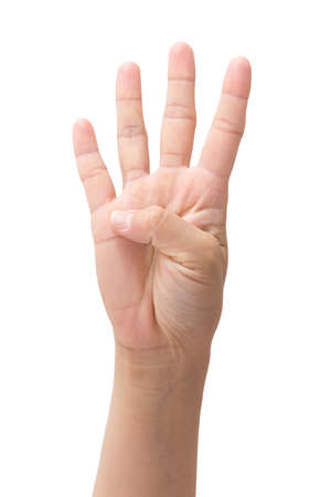 Hand shows number four, isolated backgroundの写真素材