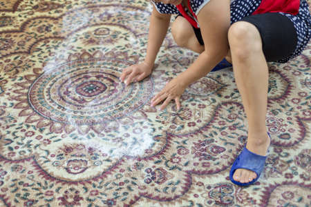the girl washes the carpetの写真素材
