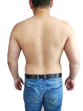 Fat man with a big belly on a white backgroundの写真素材