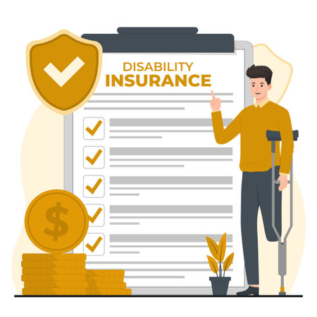 Disability insurance concept Insurance claim form. Man with crutches. Flat style vector illustration.のイラスト素材