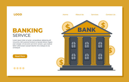 Bank building landing page. banking service Vector flat illustration of bank building with gold coins.のイラスト素材