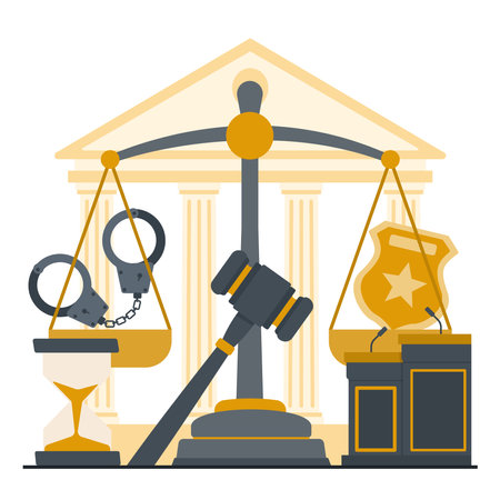 Law and justice concept with judge, scales of justice, lawyer and law books vector illustrationのイラスト素材