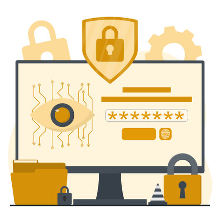 Cyber security concept. Computer monitor with padlock, keyhole, password and keyhole. Modern flat design vector illustration.のイラスト素材