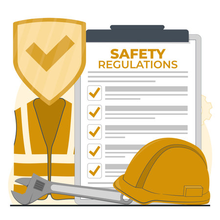 Safety regulation document and safety helmet. Vector illustration in flat style.のイラスト素材