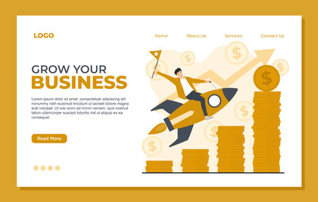 Flat design vector illustration concept of growth business. Successful businessman flying on rocket with gold coins.のイラスト素材