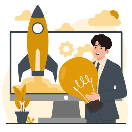 Businessman holding light bulb in front of computer screen. Successful startup concept. Flat style vector illustration.のイラスト素材