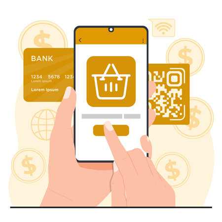 Vector illustration of hand holding smartphone and scanning QR code for online shopping.のイラスト素材