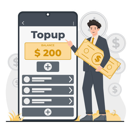 top up balance Businessman with money in smartphone. Flat design vector illustration concept.のイラスト素材