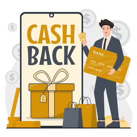 Cash back concept. Man with credit card and gift box. Vector illustrationのイラスト素材