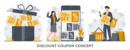 Discount offer concept with people. Vector illustration in flat style. discount coupons