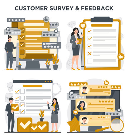 Customer survey flat design concept set with survey form and people vector illustrationのイラスト素材