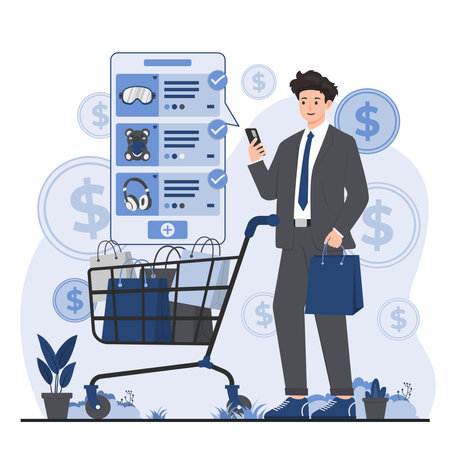 Online shopping ecommerce concept  Businessman with shopping cart and mobile phone. Vector illustration in flat styleのイラスト素材