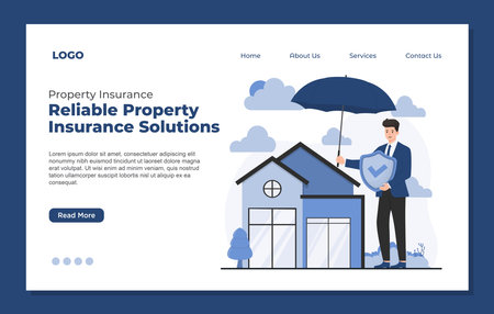 Landing page template for real estate business. Man holding umbrella property insurance conceptのイラスト素材