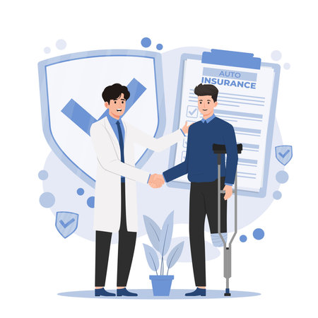 disability insurance Health care concept. Doctor and patient shaking hands. Vector illustration in flat styleのイラスト素材