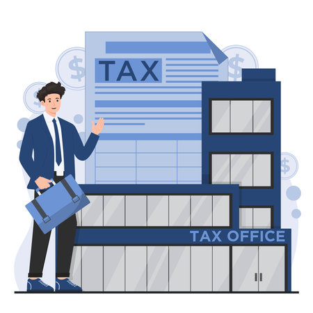 Tax day concept. Businessman standing near office building. Vector illustration in flat styleのイラスト素材
