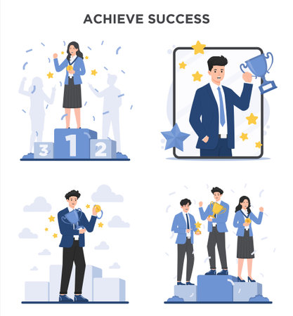 Achievement success concept set. Vector flat design illustration. Successful businessman, winner, businesswoman.のイラスト素材