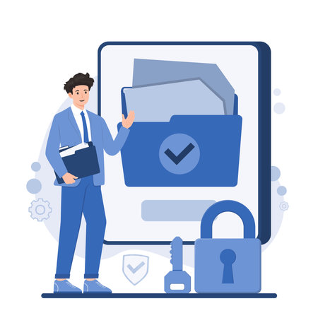 Data security concept. Young man with laptop and padlock. Flat vector illustration.のイラスト素材