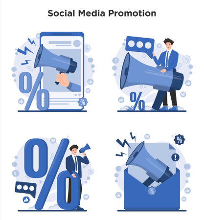 Social media marketing. Set of flat vector illustrations. Businessman with megaphone.のイラスト素材