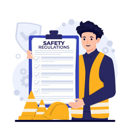 Safety regulation OSHA Construction worker with safety helmet and checklist. Vector illustration in flat styleのイラスト素材