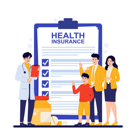 Health insurance concept. Doctor and patient. Vector illustration in flat styleのイラスト素材