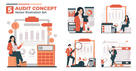 Business audit illustration set with characters analyzing finance, presenting reports, and evaluating data in a clear and professional settingのイラスト素材