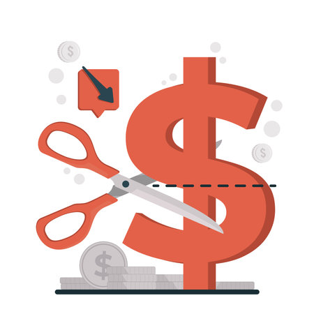 Cost reduction concept Scissors cutting dollar sign. Flat design. Vector illustration on white background.のイラスト素材