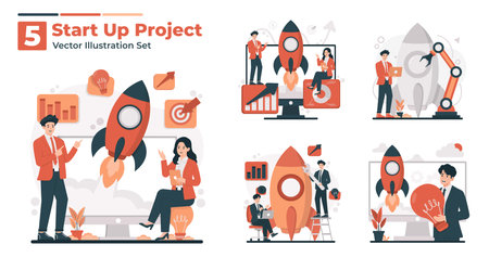 A vector illustration set showcasing start-up project themes, including business growth, goal setting, teamwork, rocket launch concepts, and strategic planning for new ventures.のイラスト素材